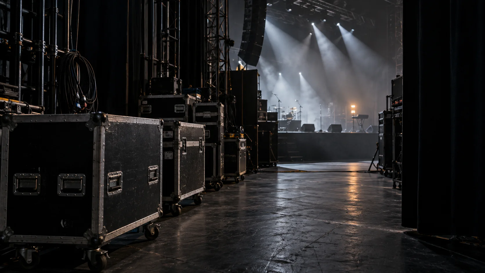 Equipment flight cases backstage with concert lighting